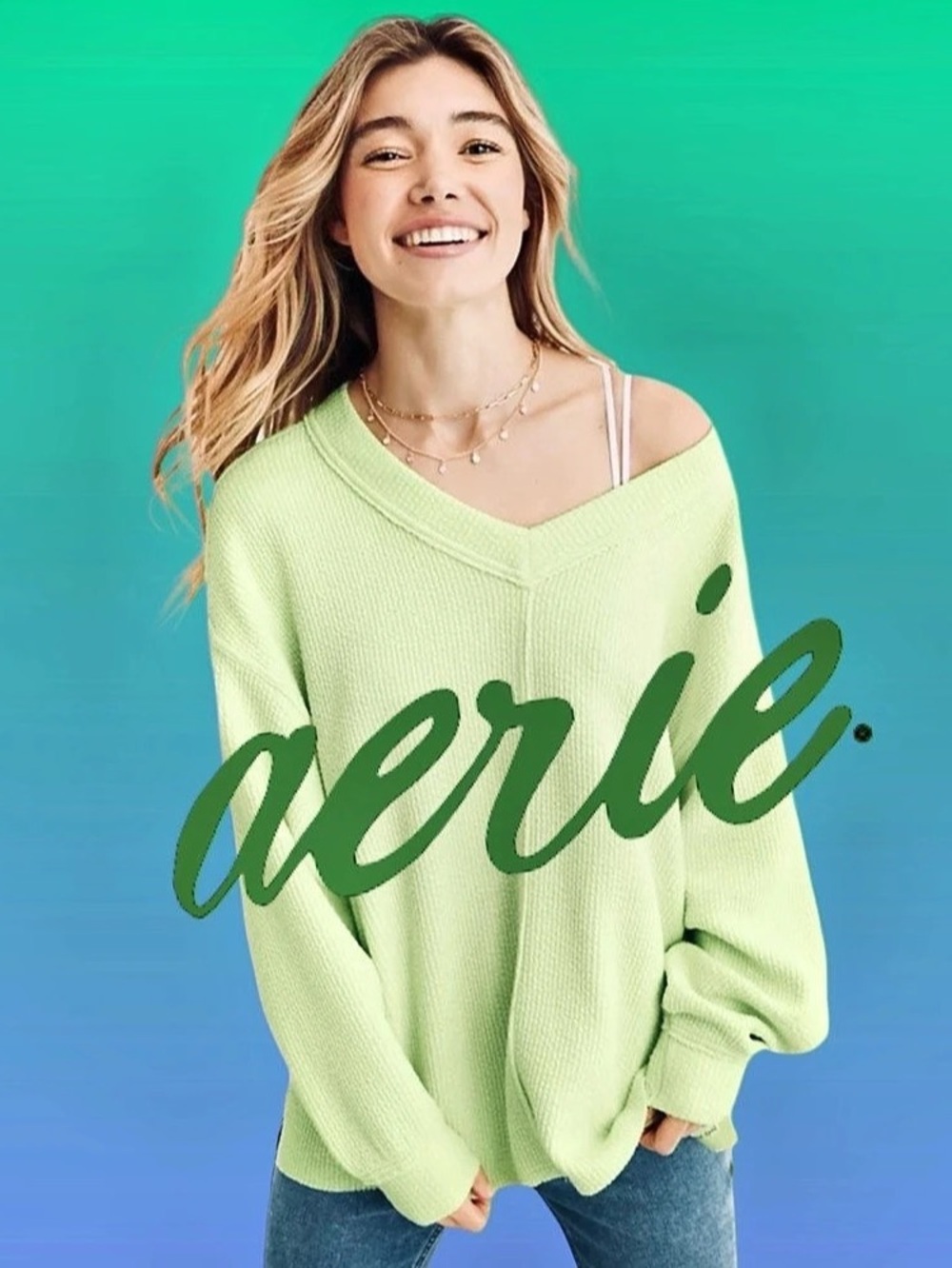 Aerie Wonder Textured V-Neck Off Shoulder Waffle Knit Sweatshirt Oversized XS